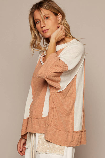 Pol Clothing - Oversize notched neck frayed edge contrast knit top SALE: L / LATTE/IVORY