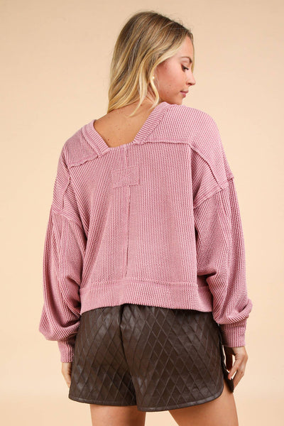 VERY J - NT11947-Two Tone Otto Ribbed Oversized Soft Comfy knit Top: MOSS / S-M-L/2-2-2