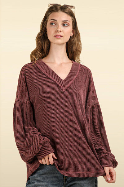 VERY J - NT11946-Two Tone Otto Ribbed V-Neck Oversized Knit Top: MOSS / S-M-L/2-2-2