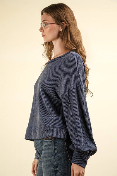 VERY J - NT11947-Two Tone Otto Ribbed Oversized Soft Comfy knit Top: MOSS / S-M-L/2-2-2