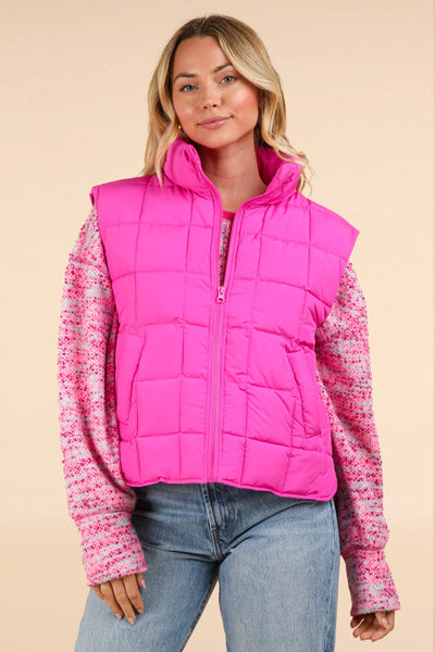 VERY J - NJ90282-Solid Puffer Padded Warm Vest: KELLY GREEN / S-M-L/2-2-2