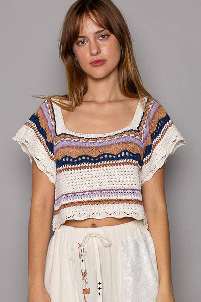 Pol Clothing - Cropped Handmade Ethnic Square Neck Sweater Top SALE: OATMEAL MULTI / M