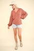 VERY J - NT11946-Two Tone Otto Ribbed V-Neck Oversized Knit Top: MOSS / S-M-L/2-2-2