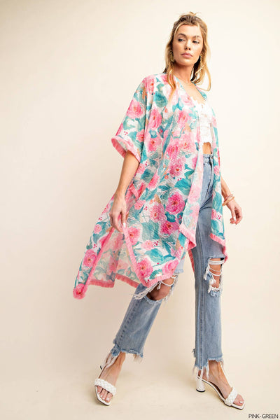 Kori - COZY ABSTRACT PRINT COVER UP KIMONO: PINK - GREEN / SM