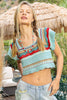 Pol Clothing - Cropped Handmade Ethnic Square Neck Sweater Top SALE: OATMEAL MULTI / S