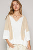 Pol Clothing - Oversize notched neck frayed edge contrast knit top SALE: M / LATTE/IVORY