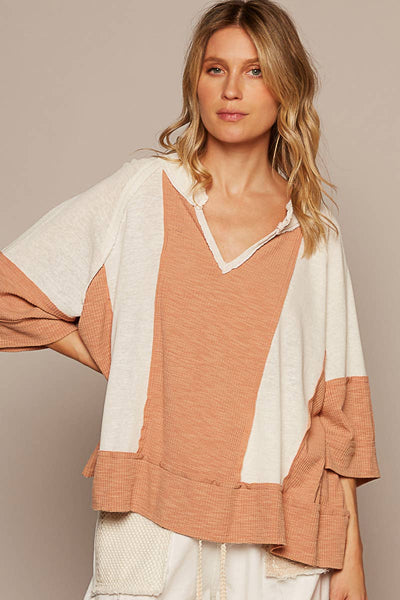 Pol Clothing - Oversize notched neck frayed edge contrast knit top SALE: L / LATTE/IVORY