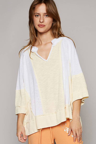 Pol Clothing - Oversize notched neck frayed edge contrast knit top SALE: M / LATTE/IVORY