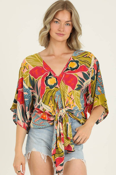 Nostalgia - N2Q81-A865 V NECK KIMONO SLEEVE TIE WAIST BLOUSE: S