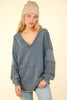 VERY J - NT11802-Washed Knit V-Neck Oversized Top: Black / S-M-L/2-2-2