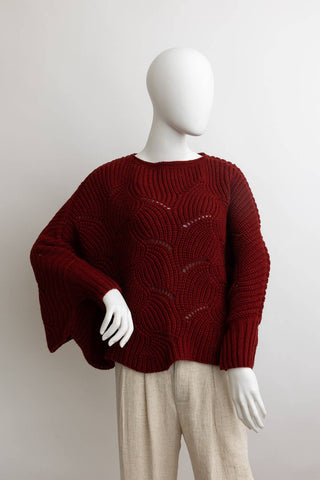 Leto Accessories - Ribbed Knit Pattern Poncho w/ Sleeves: Burgundy