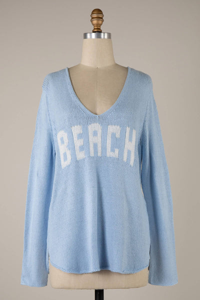 MIRACLE - Beach Saying Lightweight Knit V Neck Sweater: Grey Blue / M