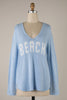 MIRACLE - Beach Saying Lightweight Knit V Neck Sweater: Grey Blue / M