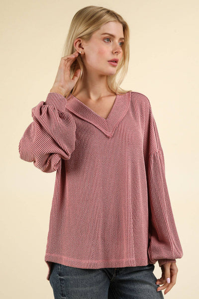 VERY J - NT11946-Two Tone Otto Ribbed V-Neck Oversized Knit Top: OATMEAL / S-M-L/2-2-2