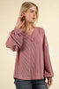 VERY J - NT11946-Two Tone Otto Ribbed V-Neck Oversized Knit Top: MOSS / S-M-L/2-2-2