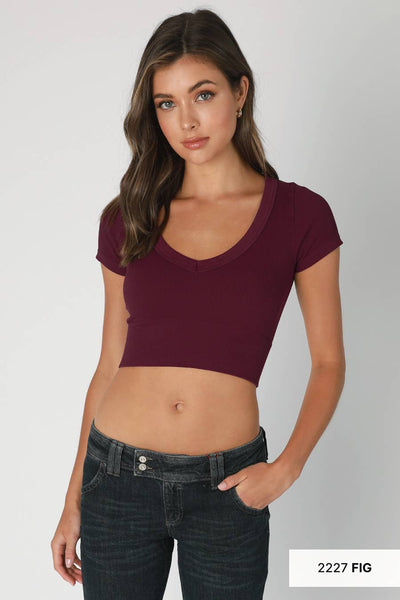 NIKIBIKI - NS8268 - V Neck Crop Tee: 2221 Coffee Bean