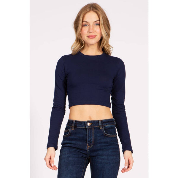 Timeless - Round Neck Long Sleeve Crop Shirt Top: BLACK / L