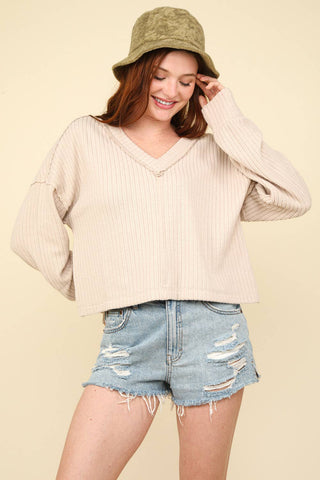 VERY J - NT11804-Casual Comfy Soft V-Neck Knit Top: ECRU / S-M-L/2-2-2