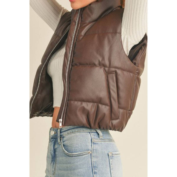 Timeless - FAUX LEATHER HIGH NECK ZIP UP PUFFER VEST: COGNAC / S-M-L(2-2-2)