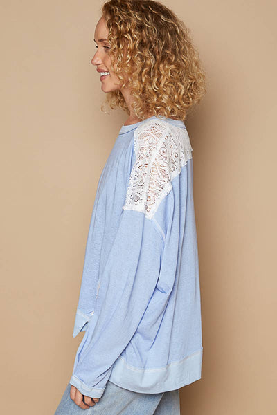 Pol Clothing - Round neck long sleeve lace patch solid knit top: EVENING BLUE / L