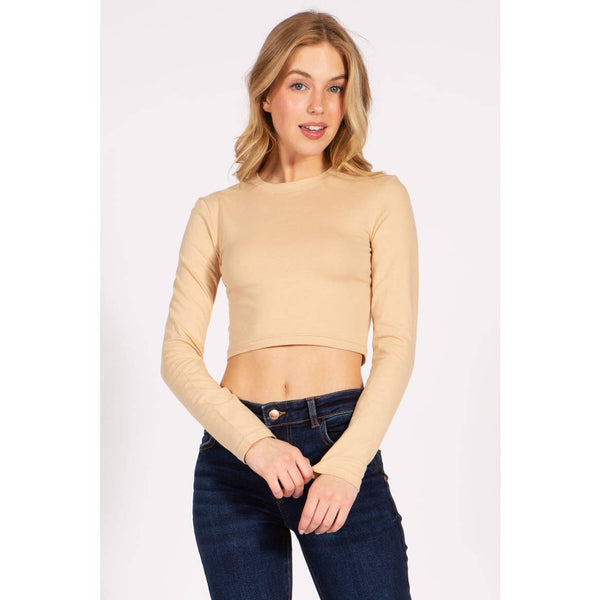 Timeless - Round Neck Long Sleeve Crop Shirt Top: GREEN / M