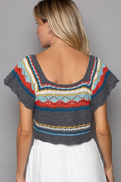 Pol Clothing - Cropped Handmade Ethnic Square Neck Sweater Top SALE: OATMEAL MULTI / L