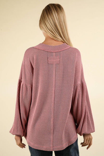 VERY J - NT11946-Two Tone Otto Ribbed V-Neck Oversized Knit Top: OATMEAL / S-M-L/2-2-2