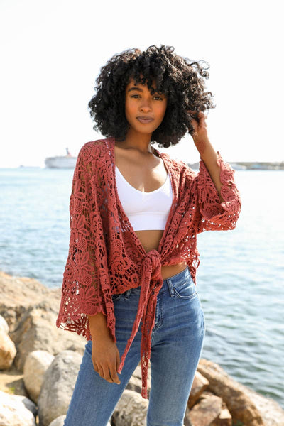 Leto Accessories - Summer Crochet Floral Petal Kimono Wrap ☀️: Rust