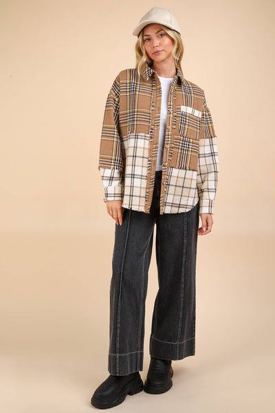 VERY J - NJ90261-Mixed Plaid Oversized Casual Shacket Jacket: OLIVE / S-M-L/2-2-2