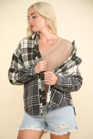 VERY J - NJ90261-Mixed Plaid Oversized Casual Shacket Jacket: OLIVE / S-M-L/2-2-2