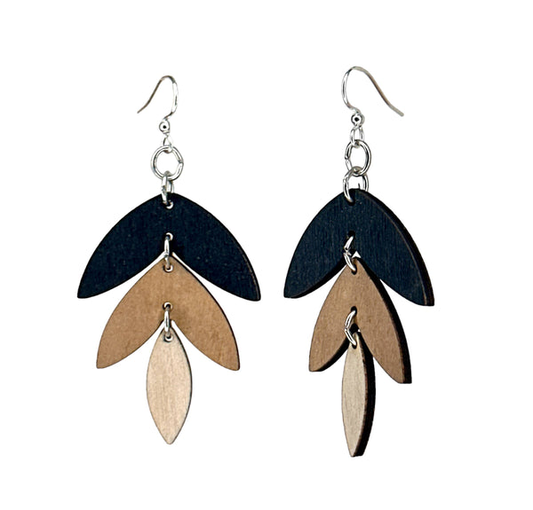 Green Tree Jewelry - Three Piece Earrings #1773: B - Black, Tan, Natural Wood