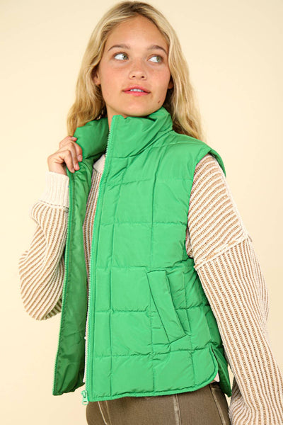 VERY J - NJ90282-Solid Puffer Padded Warm Vest: KELLY GREEN / S-M-L/2-2-2