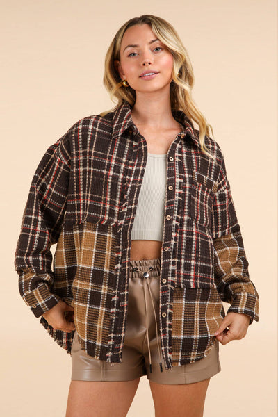 VERY J - NJ90261-Mixed Plaid Oversized Casual Shacket Jacket: OLIVE / S-M-L/2-2-2