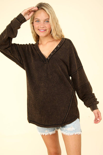 VERY J - NT11802-Washed Knit V-Neck Oversized Top: Black / S-M-L/2-2-2