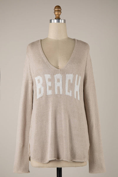 MIRACLE - Beach Saying Lightweight Knit V Neck Sweater: Grey Blue / M