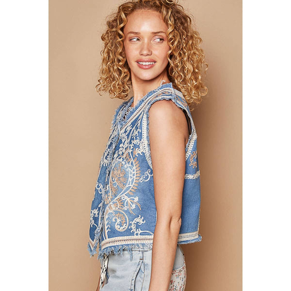 Pol Clothing - V-neck sleevless western embroidery denim vest: DENIM / OS