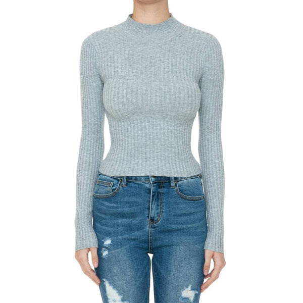 Timeless - Ribbed Mock Neck Long Sleeve Sweater Top: IVORY / L