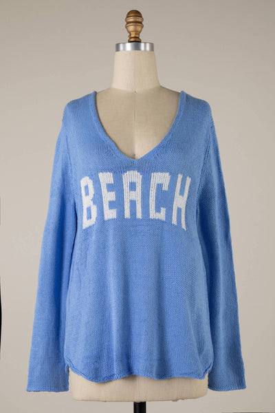 MIRACLE - Beach Saying Lightweight Knit V Neck Sweater: Aqua/White / L