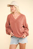 VERY J - NT11946-Two Tone Otto Ribbed V-Neck Oversized Knit Top: MOSS / S-M-L/2-2-2