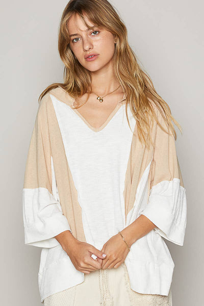 Pol Clothing - Oversize notched neck frayed edge contrast knit top SALE: M / LATTE/IVORY