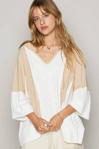 Pol Clothing - Oversize notched neck frayed edge contrast knit top SALE: L / LATTE/IVORY