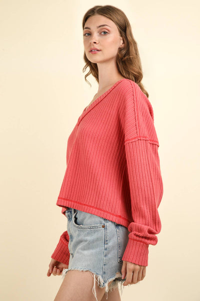 VERY J - NT11804-Casual Comfy Soft V-Neck Knit Top: ECRU / S-M-L/2-2-2