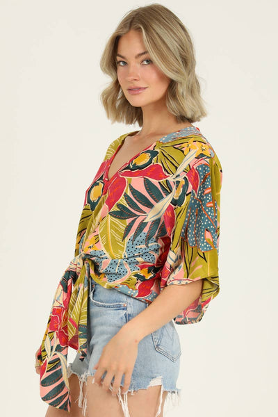 Nostalgia - N2Q81-A865 V NECK KIMONO SLEEVE TIE WAIST BLOUSE: XL