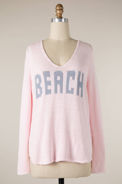 MIRACLE - Beach Saying Lightweight Knit V Neck Sweater: White / L