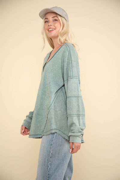 VERY J - NT11802-Washed Knit V-Neck Oversized Top: MAUVE / S-M-L/2-2-2