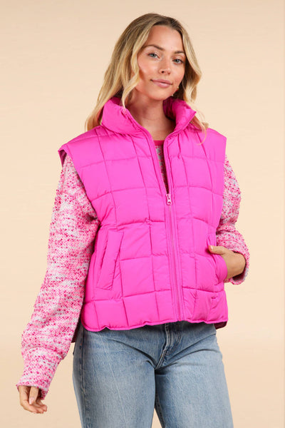 VERY J - NJ90282-Solid Puffer Padded Warm Vest: KELLY GREEN / S-M-L/2-2-2