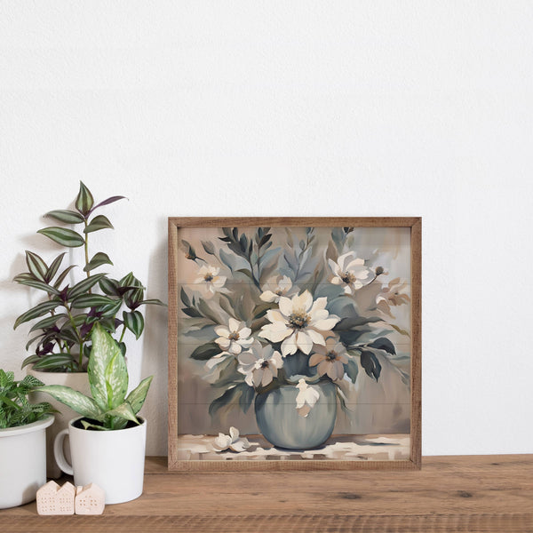 Kendrick Home - Blue And Tan Florals In Vase: 12 x 12