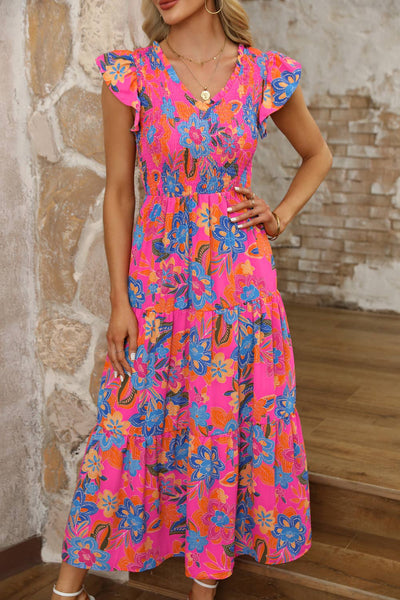 Aapparella - Women Boho Floral V Neck Ruffle Tiered Maxi Dress | S-XL: Missy / S / Multi-Colored