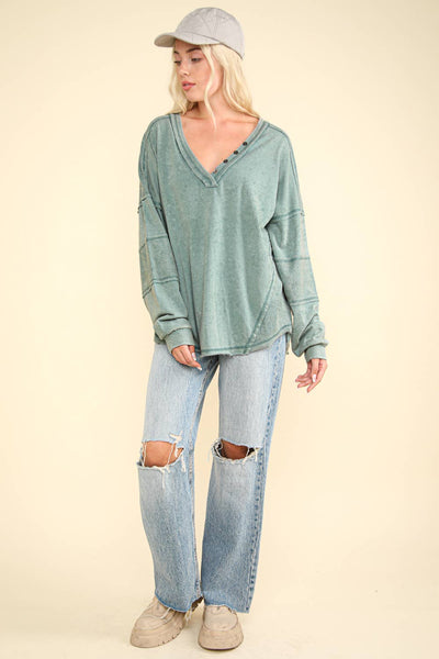 VERY J - NT11802-Washed Knit V-Neck Oversized Top: Black / S-M-L/2-2-2