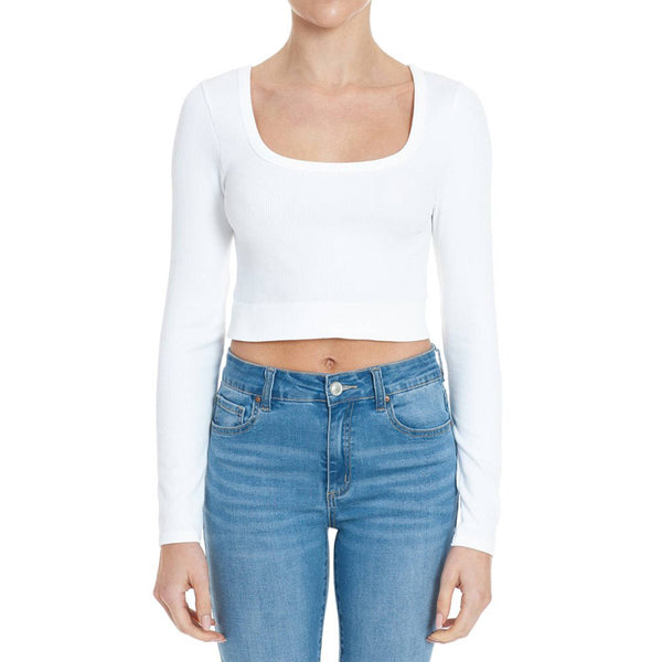 Timeless - RIBBED SEAMLESS SCOOP NECK LONG SLEEVE CROPPED TOP: WHITE / M/L